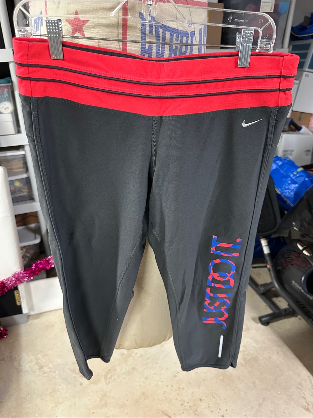 Nike Black Capri Leggings with Red Waistband and Blue-Red 'JUST DO IT' Graphic